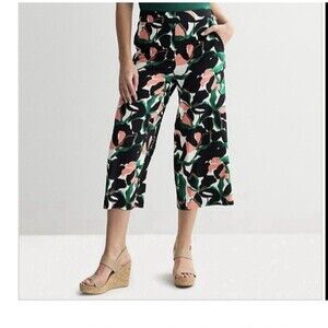 Nine West High Rise Wide Leg Print  Tropical Cropped Pull-on Pants Sz XL New